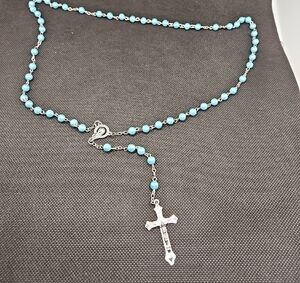 Silver and Blue Beaded Cross Necklace
